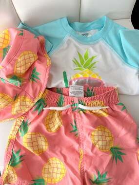 Peloton 18M Baby Boys Pineapple 3-Piece Swim Set Rash Guard Shorts and Bucket Ha
